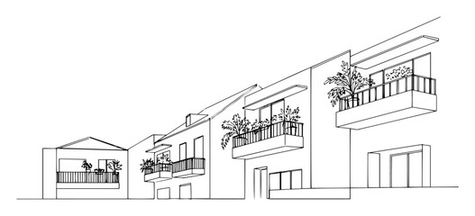 Fototapeta premium Modern building facades with balconies minimalist architectural outline