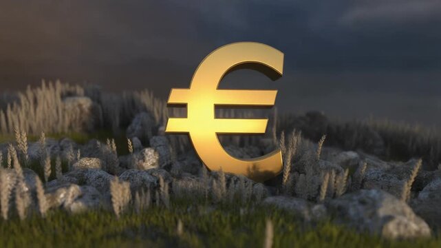 AI-generated 4K video of a golden euro symbol on a battlefield. Cinematic close-up, dramatic lighting, realistic detail, economic crisis concept, shallow depth of field, 16:9.