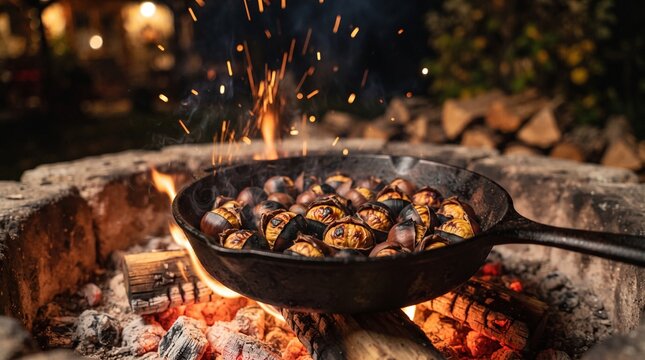 Chestnuts roasting on open fire in cast iron skillet outdoors  