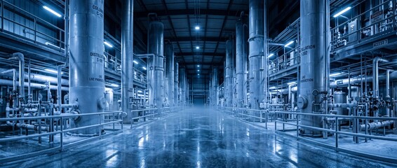 Obraz premium Deep industrial processing plant interior with tall distillation columns and extensive pipework illuminated by cool blue lights, heavy industry setting