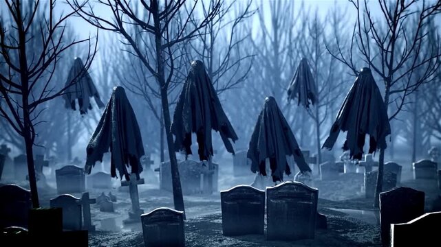 Haunted Graveyard with Floating Ghosts at Night Halloween Creepy Paranormal Horror Video Footage