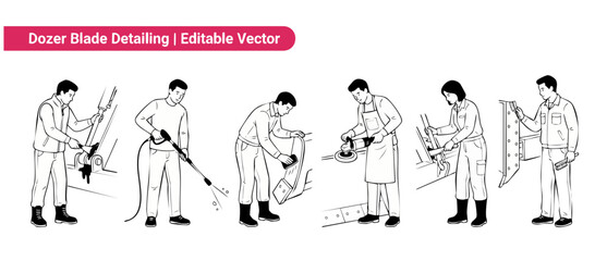 Dozer blade detailing vector illustration of workers cleaning, washing, polishing, and servicing industrial heavy machinery equipment parts, black and white minimalist line art icon set on white back. © Dinali