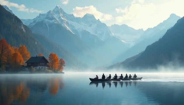 Group of rowers navigate long boat on calm lake during autumn morning. High snowy mountains surround foggy water surface near forest trees. People exercise together outdoors in scenic nature