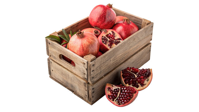 Wooden crate box container filled with fresh pomegranates isolated on a transparent background