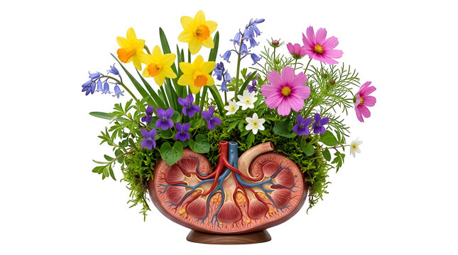 A creative kidney-shaped planter filled with vibrant colorful flowers on transparent background