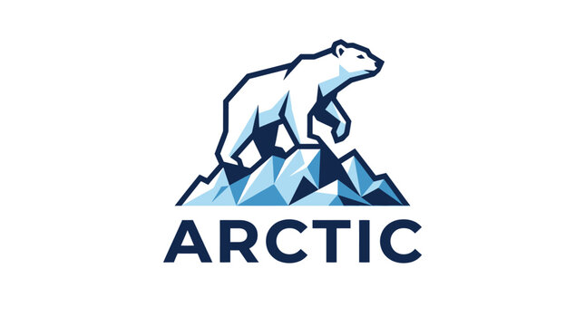 Minimalist blue vector illustration of a polar bear standing proudly on top of icy mountains