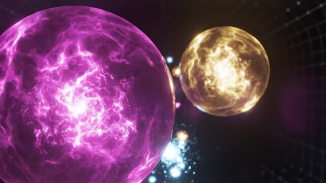 3D render of glowing energy orbs and spheres in blue, purple, and gold floating within a dark digital environment featuring a white wireframe grid tunnel and light flares.