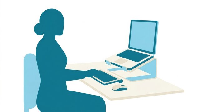 A person sits at a workstation with a riser for a computer and uses a keyboard. This setup aims to improve posture and prevent injuries.