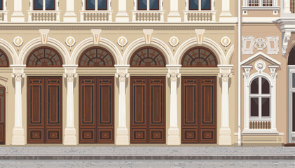 Ornate classical building facade with multiple arched entrances, columns, and decorative architectural details. © Ngelus