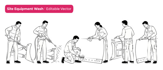 Obraz premium Equipment cleaning vector line art characters washing heavy machinery parts on construction site, maintenance workers pressure spraying and scrubbing bulldozer blades in black and white sketch style