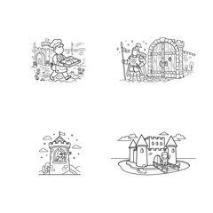 Fototapeta premium Medieval Castle Life Coloring Pages: Knight, Baker, Guard, Fortress Line Art