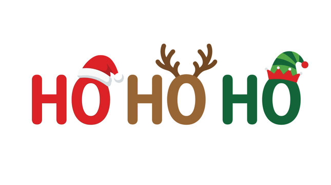 Vibrant colorful vector illustration featuring festive ho ho ho typography with holiday hats and antlers