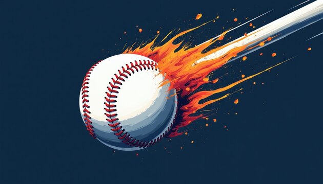 A baseball flies with fiery speed, trailing orange flames across a dark backdrop. This dynamic illustration captures intense action and power, perfect for sports-themed designs.