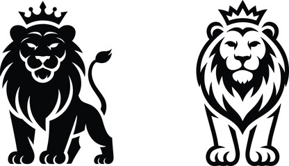 Fototapeta premium Two regal lions standing with crowns on transparent background