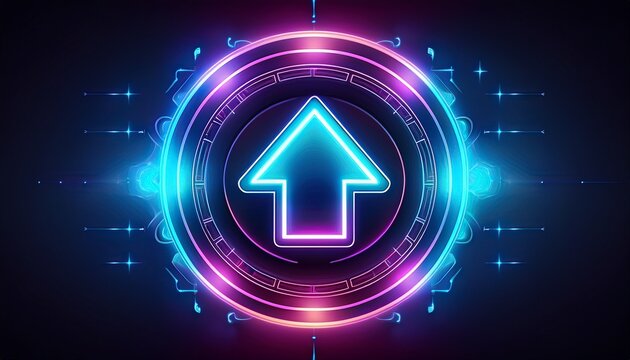 neon glowing uploading button on dark background
