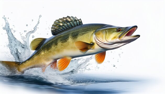 zander fish pike perch river fish jumping out of water isolated on white background generative ai