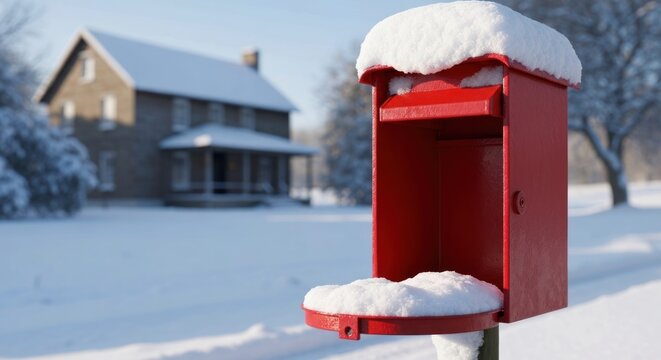 Red Mailbox in Winter Landscape with Snow-Covered House.