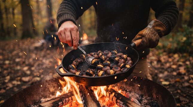 Person roasting chestnuts over fire in autumn forest outdoors  