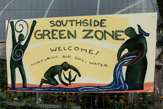 Southside Green Zone sign on the Urban Adventures greenhouse encouraging gardening located on the Midtown Greenway. Minneapolis Minnesota MN USA