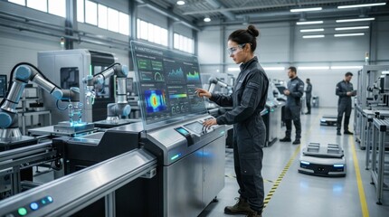 Obraz premium Female Engineer in High-Tech Factory Using Advanced Robotics Technology