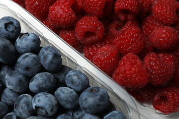 A fresh assortment of blueberries and raspberries, set against a background designed to showcase organic food products. © Pixora ST 
