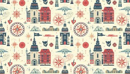 Nautical and Architectural Pattern Featuring Istanbul Landmarks and Compass Roses. © Ngelus