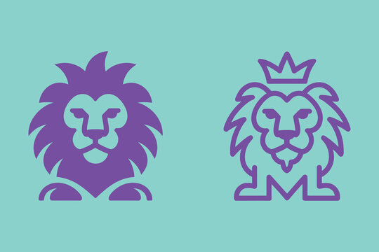 Two stylized purple lion logos with crown and monogram design