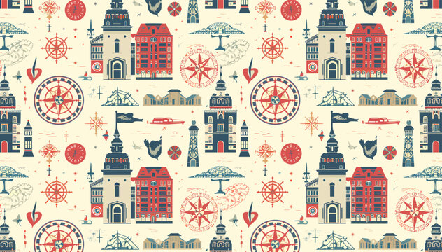Nautical and Architectural Pattern Featuring Istanbul Landmarks and Compass Roses.