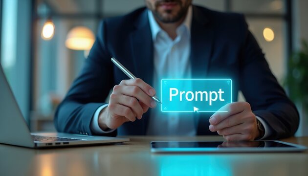 Businessman in dark suit works at office desk with laptop. Man uses stylus pen to touch glowing holographic prompt box interface screen. Pro worker interacts with virtual artificial intelligence