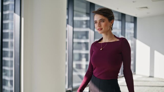 Confident businesswoman walking modern office. Closeup successful executive boss