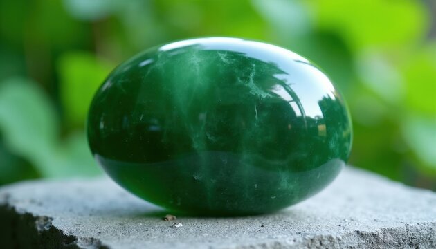 Smooth oval nephrite jade stone rests on textured concrete. Deep green mineral shows natural patterns. Blurred green foliage forms background.