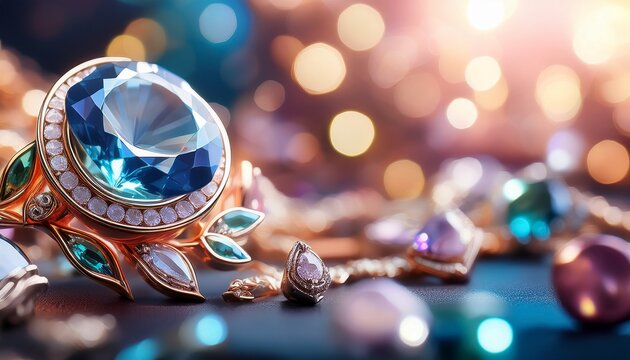 abstract banner background of gleaming gemstone jewelry with minimalist jewel tones de focused and blurred banner with gemstone