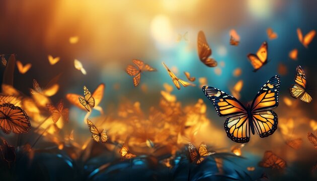 abstract banner background of a monarch butterfly migration blurred banner of butterflies