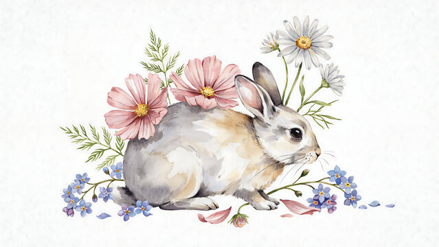 A cute watercolor rabbit sitting among pink and white flowers isolated on a transparent background