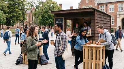 Fototapeta premium Diverse group of students socializing and enjoying coffee outside a campus kiosk on a sunny day