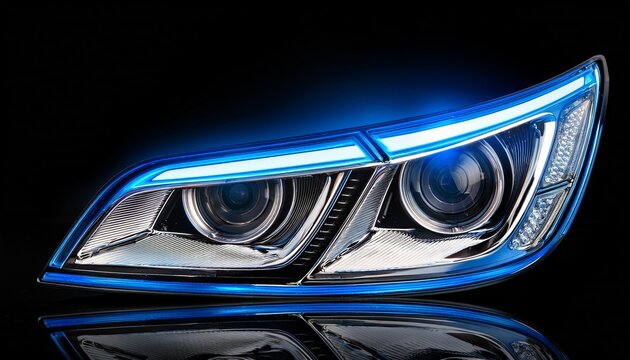 modern luxury car led headlight closeup with double u shaped drl and blue projectors on black background