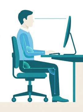 A person demonstrates ideal sitting posture while working at a computer. This guide highlights the importance of ergonomics for health.