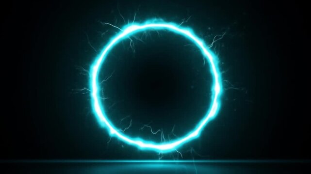 Electric energy ring with lightning bolts in dark background. Glowing neon circle emitting futuristic power surge for high-tech visuals.