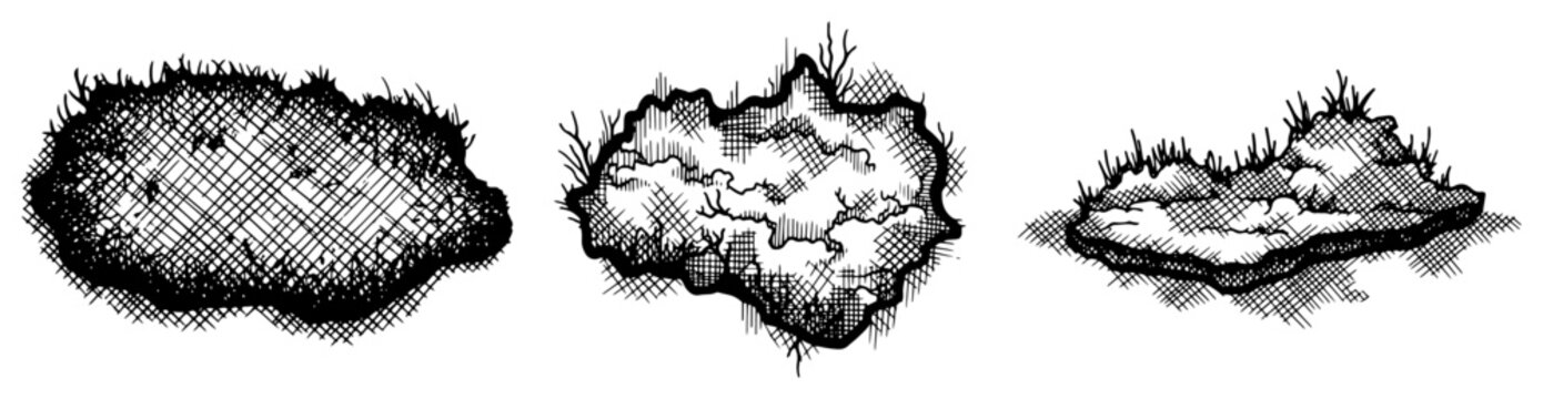 Floating earth patches with grass, hand drawn isometric soil islands set, rustic dirt ground chunks or sod illustration vector