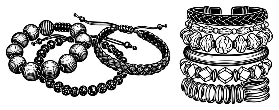 Boho style bracelets and jewelry set, hand drawn beaded and braided fashion accessories, ethnic wristband sketch vector