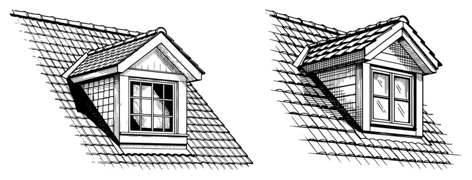 Roof dormer windows set, residential architecture attic window sketches, roofing details and shingles vector illustration