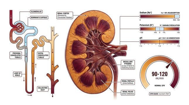 Human kidney anatomy and nephron filtration process infographic with cross section