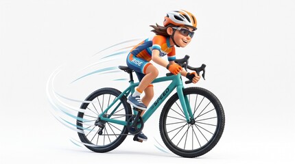 Fototapeta premium 3d animated cyclist character riding a teal bicycle with motion lines wearing protective helmet with lines indicating speed character design