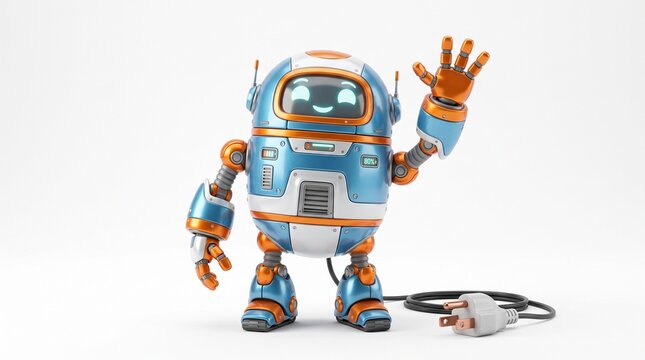 Friendly blue and orange cartoon robot character waving hand with power cord on white background 3d render with artificial intelligence character design