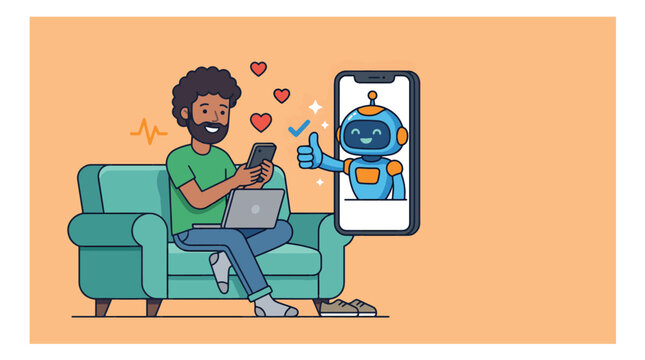 Man using smartphone and laptop interacts with a friendly AI assistant on his phone screen, receiving positive feedback