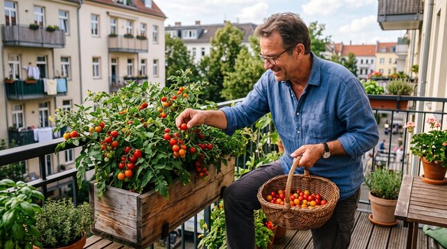 Man harvesting ripe cherry tomatoes from balcony garden in urban setting