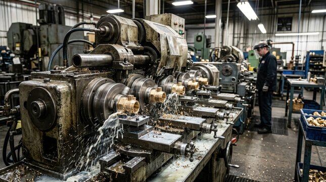 Medium shot showing multispindle lathe cutting plumbing fittings with synchronized spindles highlighting metalworking in a specialized pipe manufacturing facility.