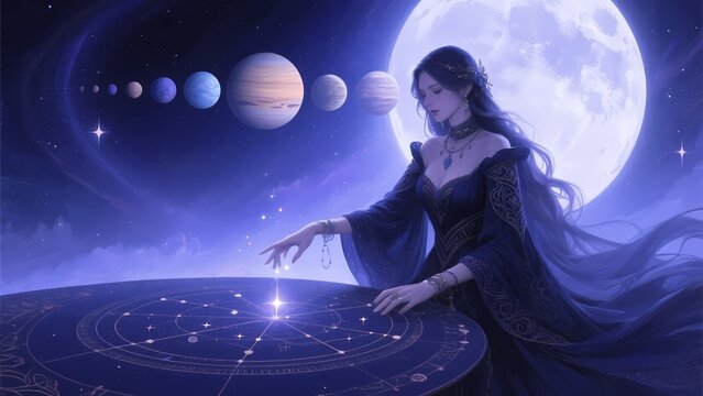 Side Profile of a Female Fortune Teller with Moon and Planets for Astrology and Spiritual Guidance