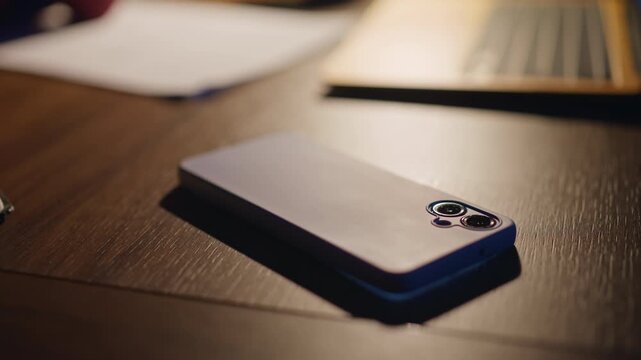 Hand placing smartphone on wooden desk evening. Phone near laptop home office.