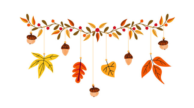 Cozy autumn garland with hanging leaves, red berries, acorns. Seasonal home decor. Vector illustration for poster